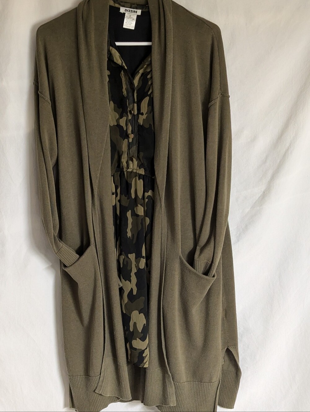 J. Crew Olive Military GreenOpen Front Cardigan Pockets Shawl Collar Side Slit L